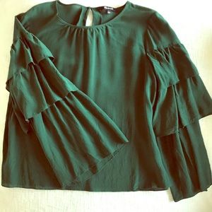 Forest green silk Madewell top with bell sleeves